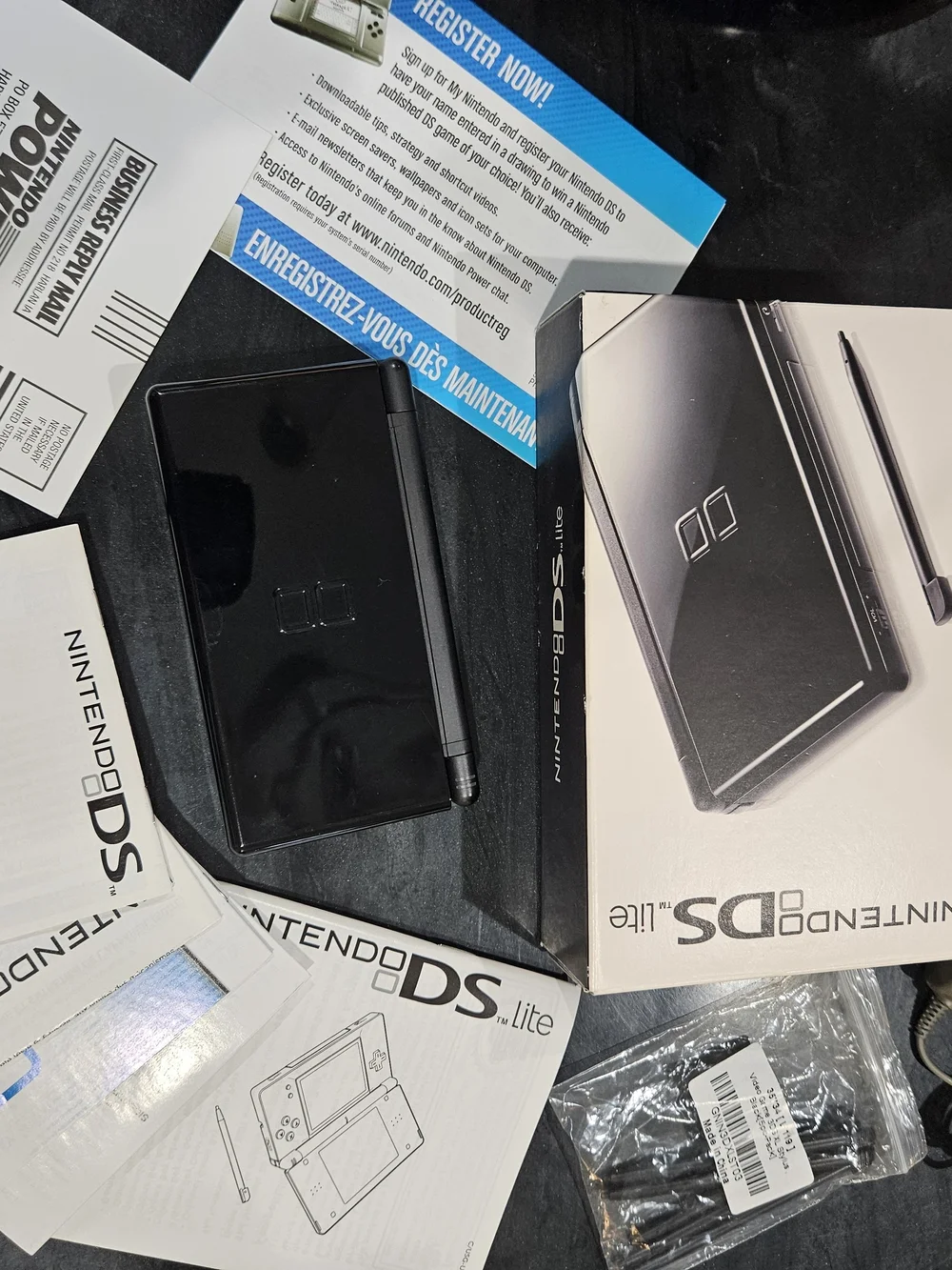 Nintendo DS Lite Handheld Console - Black With Box, Inserts, And Charger